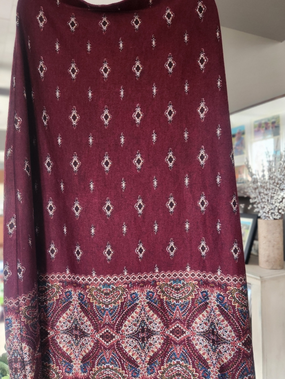 Dress Barn Women's Burgundy Patterned Maxi Skirt